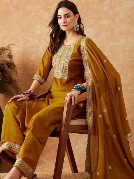Mustard Yellow Vichitra Silk Kurta Set with Dupatta Stylish 3 Piece Wedding Outfit Kurtis