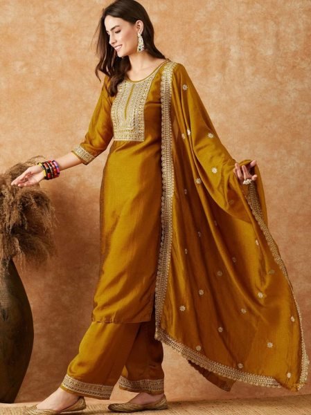 Mustard Yellow Vichitra Silk Kurta Set with Dupatta Stylish 3 Piece Wedding Outfit 3 Piece Kurti Set
