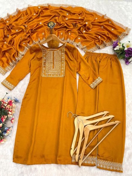 Mustard Yellow Vichitra Silk Kurta Set with Dupatta Stylish 3 Piece Wedding Outfit 3 Piece Kurti Set