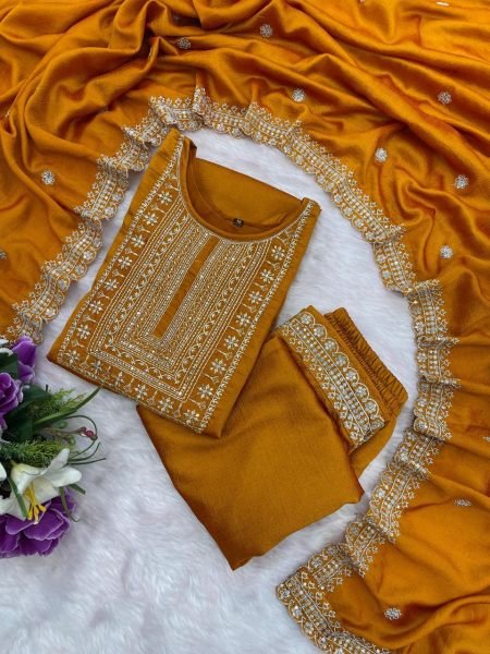 Mustard Yellow Vichitra Silk Kurta Set with Dupatta Stylish 3 Piece Wedding Outfit 3 Piece Kurti Set