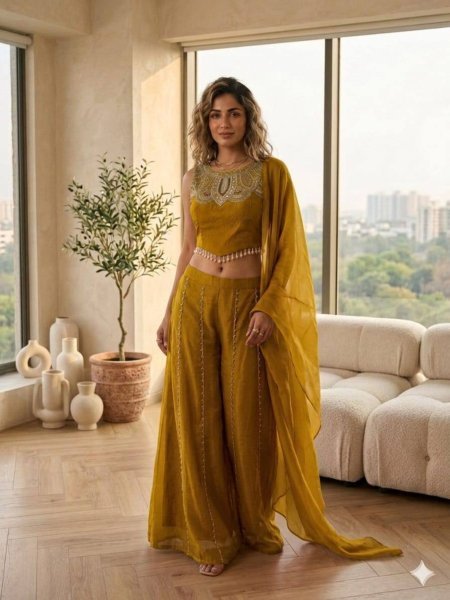 Mustard Yellow  Viscose Satin Top with Rangoli Crush Palazzo at Wholesale Rate Ready To Wear Suit