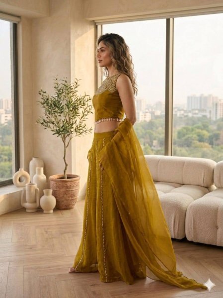 Mustard Yellow  Viscose Satin Top with Rangoli Crush Palazzo at Wholesale Rate Ready To Wear Collection