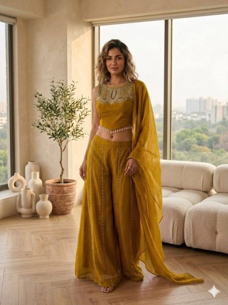Mustard Yellow  Viscose Satin Top with Rangoli Crush Palazzo at Wholesale Rate Ready To Wear Collection
