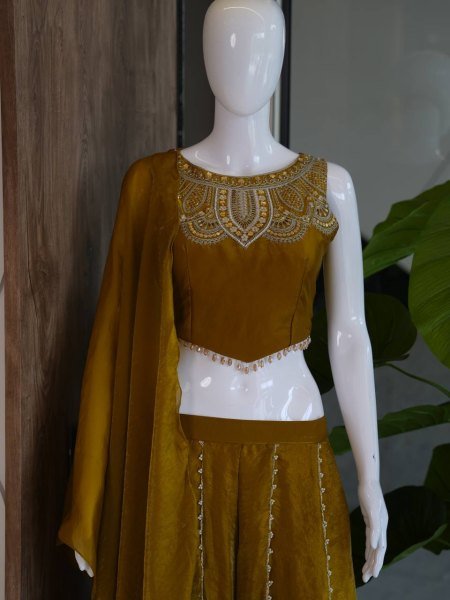 Mustard Yellow  Viscose Satin Top with Rangoli Crush Palazzo at Wholesale Rate Ready To Wear Collection