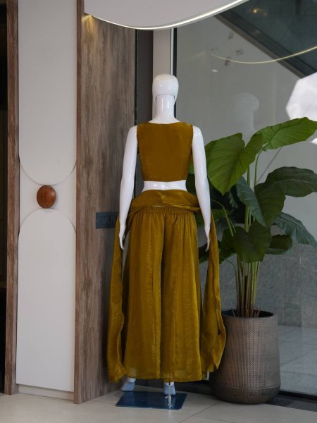 Mustard Yellow  Viscose Satin Top with Rangoli Crush Palazzo at Wholesale Rate Ready To Wear Collection
