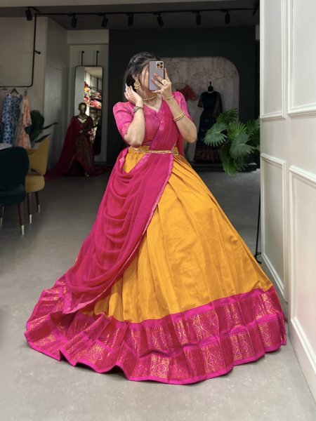 Mustard Zari Work Art Silk Lehenga with Georgette Lace Dupatta Festive Celebrations Half Saree Lehenga