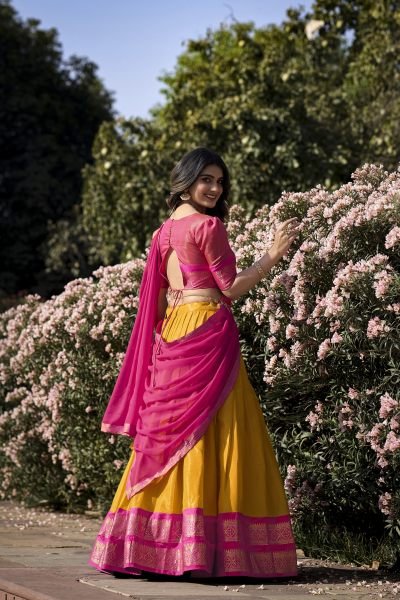 Mustard Zari Work Art Silk Lehenga with Georgette Lace Dupatta Festive Celebrations Half Saree Lehenga