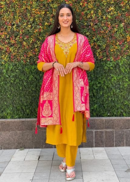 Mustardyellow Roman Silk  Suit For Women In Affordable Price  3 Piece Kurti Set