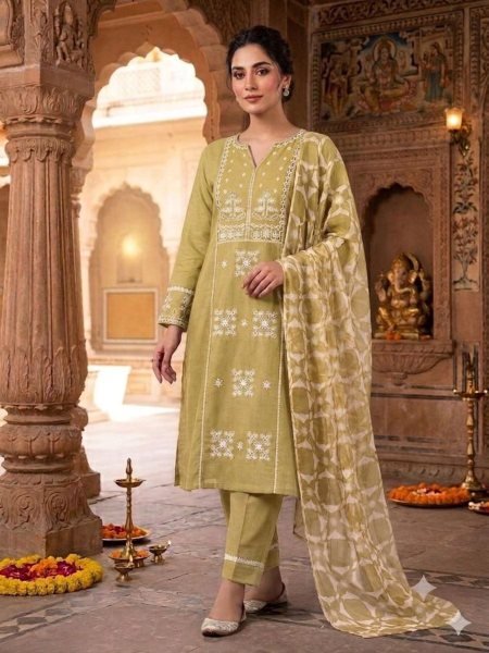 Musted Olive Slub Cotton Suit Set for Daily and Festive Wear at Wholesale Rate 