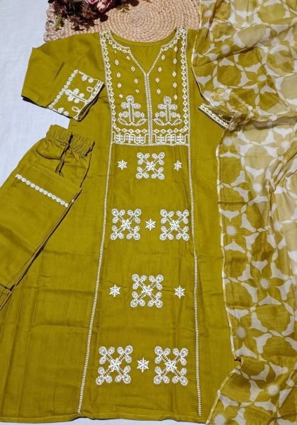 Musted Olive Slub Cotton Suit Set for Daily and Festive Wear at Wholesale Rate Cotton Kurtis Wholesale