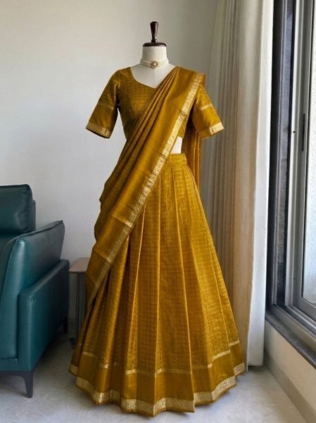 Musterd Yellow Lehenga Set with Checks Pattern and Hand Dye at Manufacturer Price Half Saree Lehenga