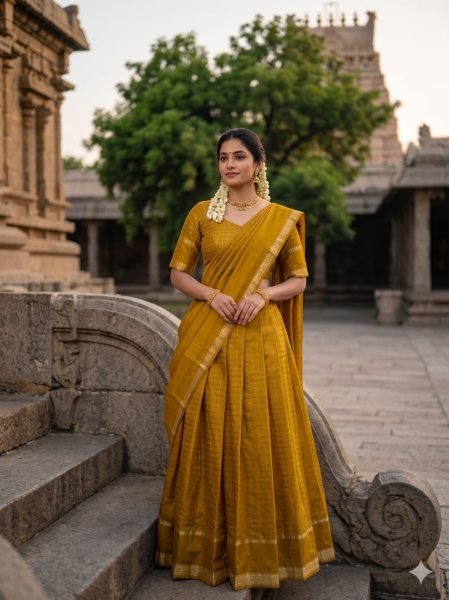 Musterd Yellow Lehenga Set with Checks Pattern and Hand Dye at Manufacturer Price Half Saree Lehenga