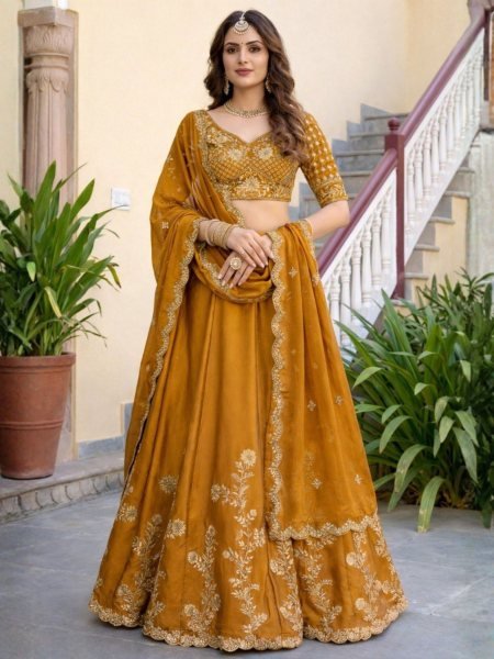 Musterd Yellow Silk Lehenga Set with Embroidered Dupatta at Manufacturer Price  Lehenga