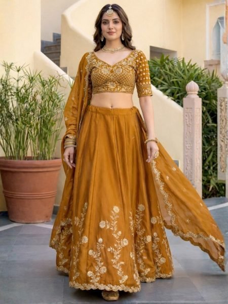 Musterd Yellow Silk Lehenga Set with Embroidered Dupatta at Manufacturer Price Designer Lehenga Choli