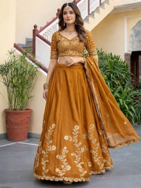 Musterd Yellow Silk Lehenga Set with Embroidered Dupatta at Manufacturer Price Designer Lehenga Choli