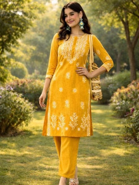 Musterd Yellow Tesla Cotton Blend Kurti Set with Floral Embroidery for Daily Wear Kurtis