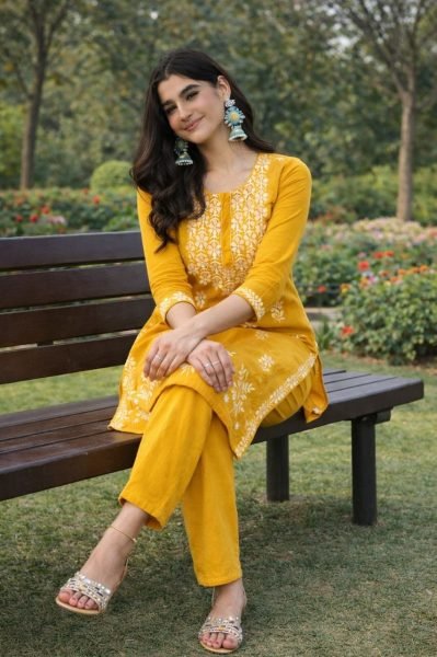 Musterd Yellow Tesla Cotton Blend Kurti Set with Floral Embroidery for Daily Wear Kurti With Bottom Wholesale