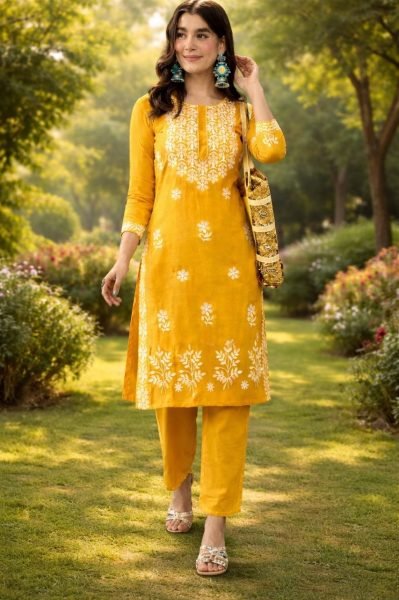 Musterd Yellow Tesla Cotton Blend Kurti Set with Floral Embroidery for Daily Wear Kurti With Bottom Wholesale