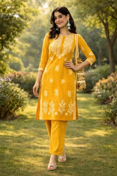 Musterd Yellow Tesla Cotton Blend Kurti Set with Floral Embroidery for Daily Wear Kurti With Bottom Wholesale