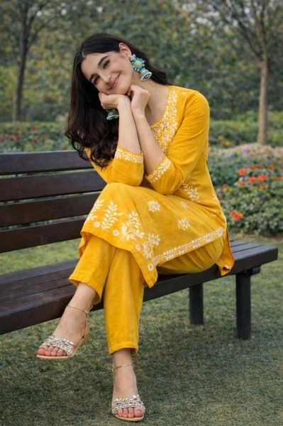 Musterd Yellow Tesla Cotton Blend Kurti Set with Floral Embroidery for Daily Wear Kurti With Bottom Wholesale