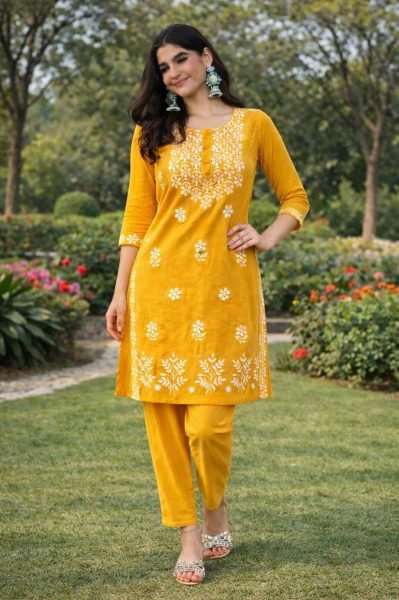 Musterd Yellow Tesla Cotton Blend Kurti Set with Floral Embroidery for Daily Wear Kurti With Bottom Wholesale