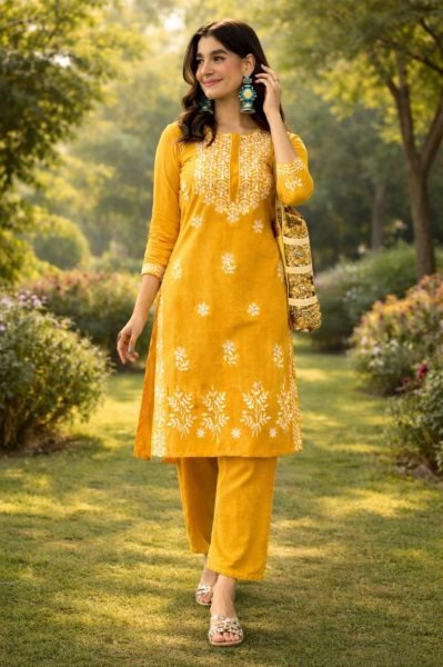 Musterd Yellow Tesla Cotton Blend Kurti Set with Floral Embroidery for Daily Wear Kurti With Bottom Wholesale