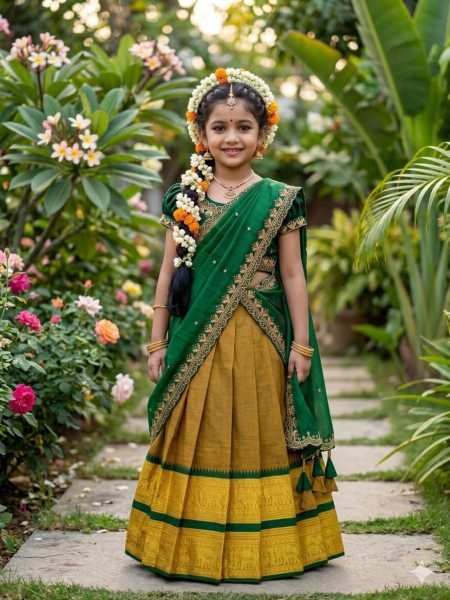 Mustered Yellow Traditional Kids Ethnic Wear Half Saree Collection Kurtis