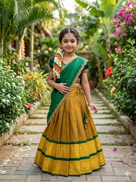Mustered Yellow Traditional Kids Ethnic Wear Half Saree Collection Girls Wear