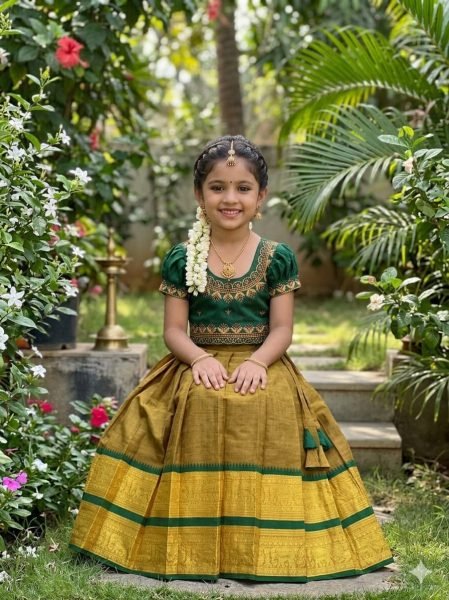 Mustered Yellow Traditional Kids Ethnic Wear Half Saree Collection Girls Wear