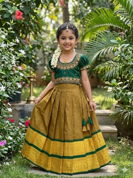 Mustered Yellow Traditional Kids Ethnic Wear Half Saree Collection Girls Wear