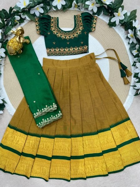 Mustered Yellow Traditional Kids Ethnic Wear Half Saree Collection Girls Wear