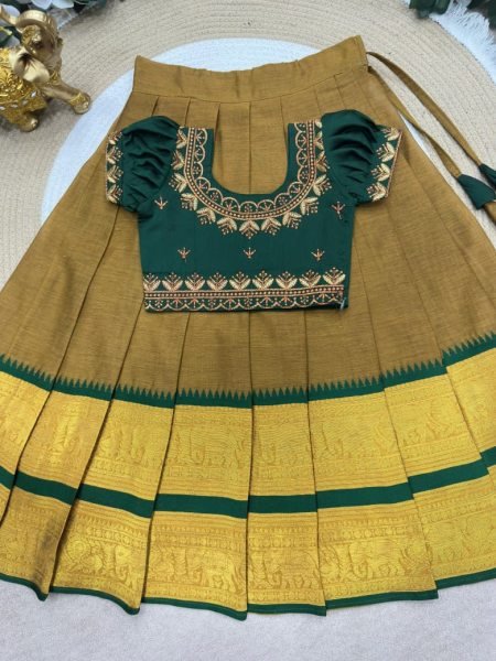 Mustered Yellow Traditional Kids Ethnic Wear Half Saree Collection Girls Wear