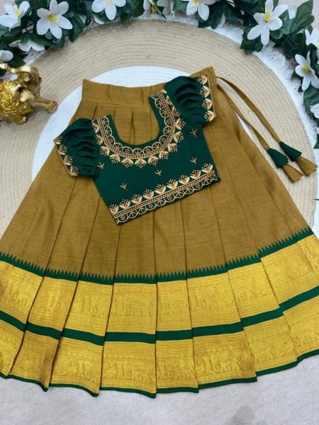 Mustered Yellow Traditional Kids Ethnic Wear Half Saree Collection Girls Wear
