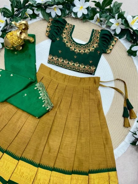 Mustered Yellow Traditional Kids Ethnic Wear Half Saree Collection Girls Wear