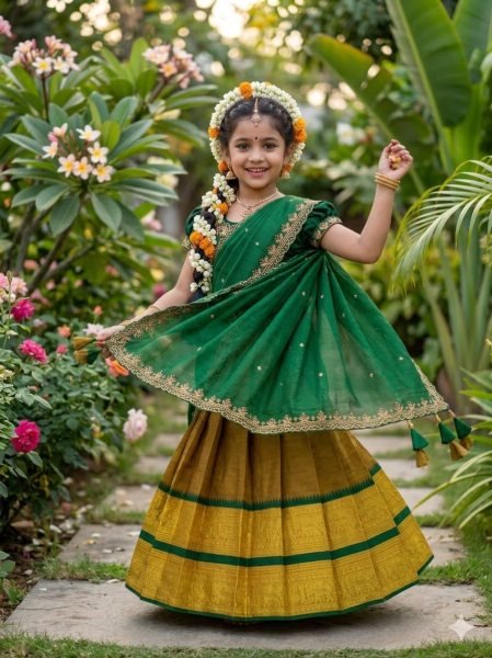 Mustered Yellow Traditional Kids Ethnic Wear Half Saree Collection Girls Wear