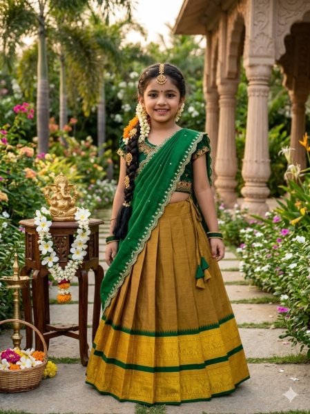 Mustered Yellow Traditional Kids Ethnic Wear Half Saree Collection Girls Wear