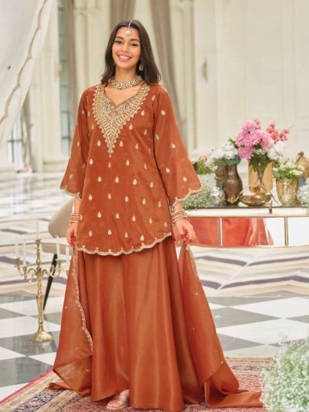 Mustpick Orange Silk Embellished Top with Sharara and Elegant Dupatta Ready To Wear Suit