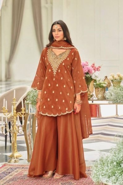 Mustpick Orange Silk Embellished Top with Sharara and Elegant Dupatta Ready To Wear Collection