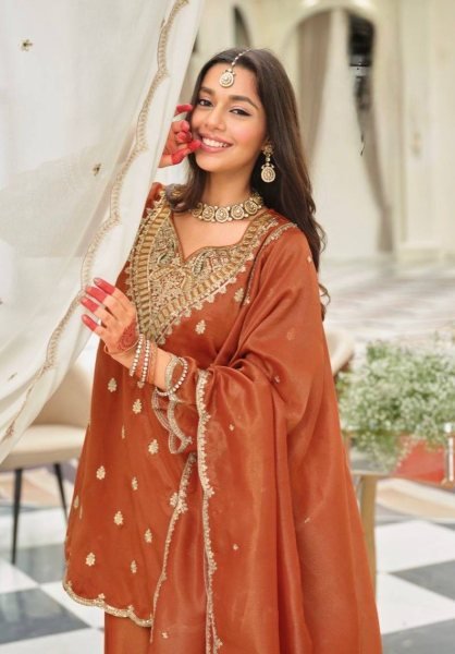 Mustpick Orange Silk Embellished Top with Sharara and Elegant Dupatta Ready To Wear Collection
