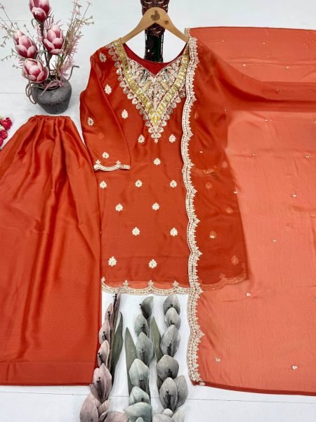 Mustpick Orange Silk Embellished Top with Sharara and Elegant Dupatta Ready To Wear Collection
