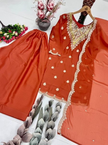 Mustpick Orange Silk Embellished Top with Sharara and Elegant Dupatta Ready To Wear Collection