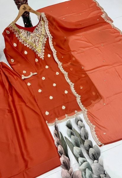 Mustpick Orange Silk Embellished Top with Sharara and Elegant Dupatta Ready To Wear Collection