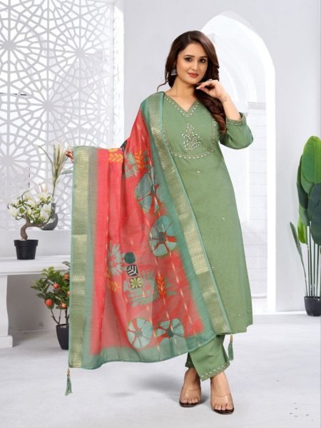 muted green viscose kurti set with jacquard dupatta designer 3pc wear for Wedding Wear 3 Piece Kurti Set