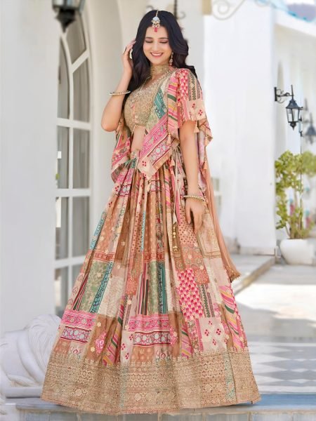 Muted Peach Embroidered Lehenga in Chinnon Silk Perfect for Destination Weddings Designer Lehenga Choli