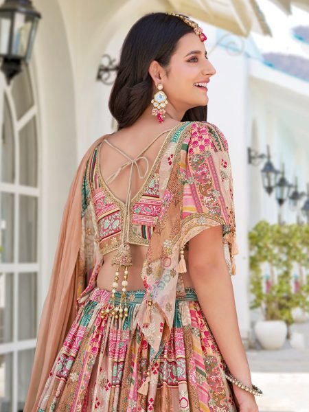 Muted Peach Embroidered Lehenga in Chinnon Silk Perfect for Destination Weddings Designer Lehenga Choli