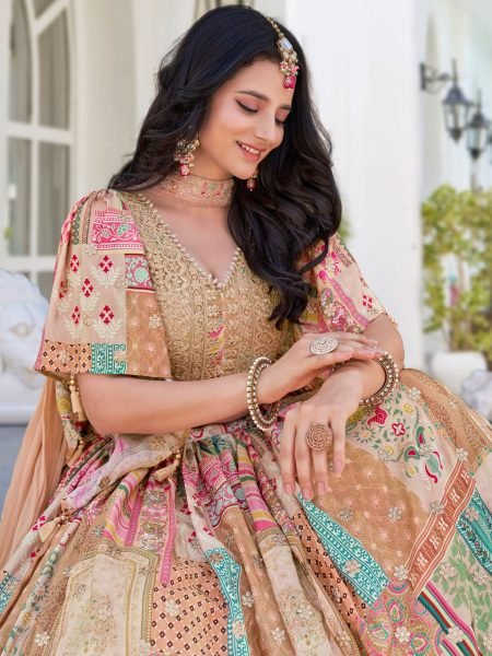 Muted Peach Embroidered Lehenga in Chinnon Silk Perfect for Destination Weddings Designer Lehenga Choli