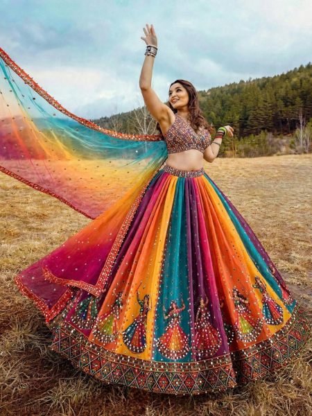Muticolor Semi Stitched Star Georgette Navratri Lehenga with Canvas Patta for Navratri  Lehenga