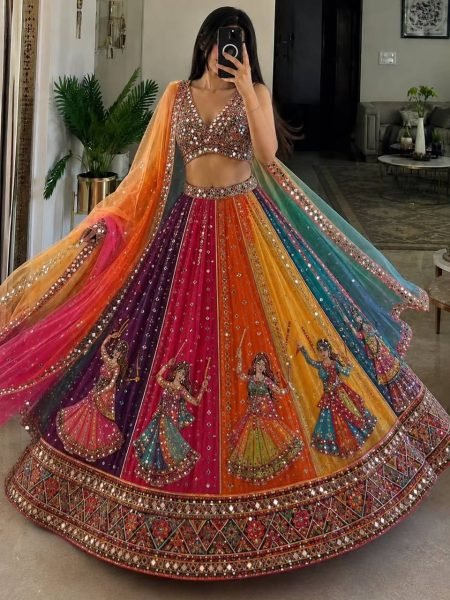 Muticolor Semi Stitched Star Georgette Navratri Lehenga with Canvas Patta for Navratri Navratri Lehnega Choli