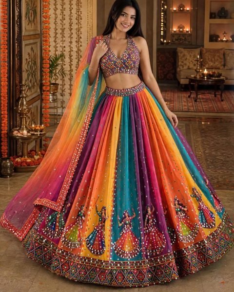 Muticolor Semi Stitched Star Georgette Navratri Lehenga with Canvas Patta for Navratri Navratri Lehnega Choli