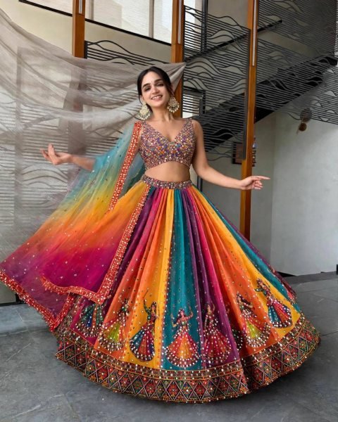 Muticolor Semi Stitched Star Georgette Navratri Lehenga with Canvas Patta for Navratri Navratri Lehnega Choli